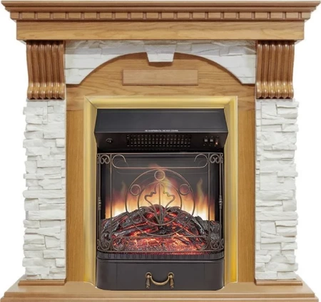 Каминокомплект Dublin - Дуб / Сланец белый с очагом Majestic FX M Brass (Royal Flame)