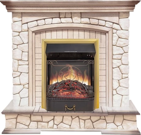 Каминокомплект Preston - Белый/Слоновая кость с патиной с очагом Majestic FX M Brass (Royal Flame)