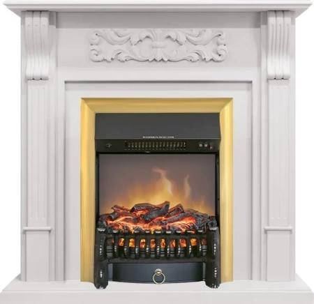 Каминокомплект Venice - Фактурный белый с очагом Fobos FX M Brass (Royal Flame)