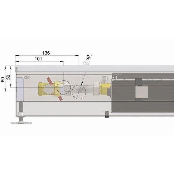 Внутрипольный конвектор длиной 1,6 м - 2 м Minib COIL-KT110 2000