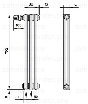 Стальной трубчатый радиатор 2-колончатый Zehnder Charleston 2180/3 TL