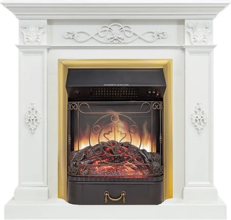 Каминокомплект Derby - Белый дуб с очагом Majestic FX M Brass (Royal Flame)