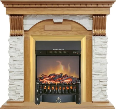 Каминокомплект Dublin - Дуб / Сланец белый с очагом Fobos FX M Brass (Royal Flame)