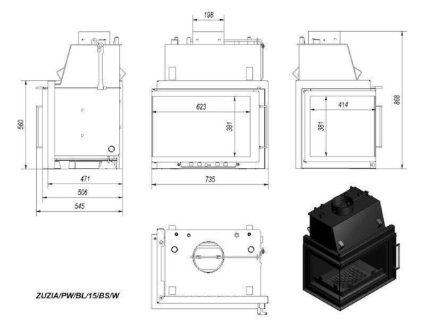 Дровяная топка  Kratki ZUZIA PW/BL/15/BS/W