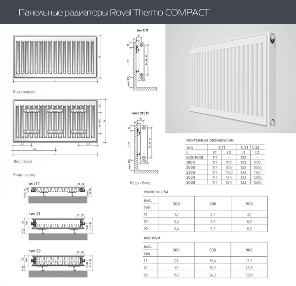 Стальной панельный радиатор Тип 22 Royal Thermo COMPACT 22-600-2600