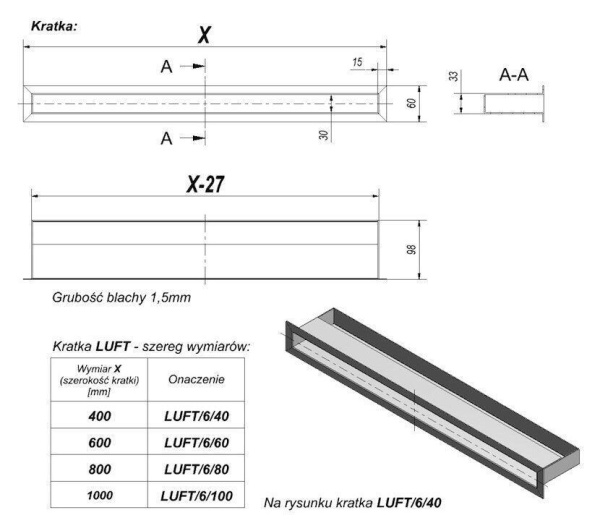 Вентиляционная решетка для камина Kratki Люфт бежевая 6x40 LUFT/6/40/45S/K